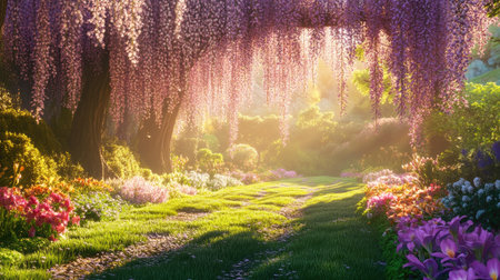 A dreamy spring scene featuring a flower-lined path in a park. Cascading blooms and soft sunlight create a tranquil, serene atmosphere perfect for relaxation and inspiration.の素材