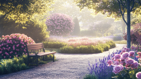 A serene park scene showcasing blooming roses in a tranquil garden setting. A peaceful pathway lined with vibrant flowers invites relaxation and connection with nature.の素材