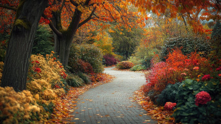 Experience the serene beauty of Butchart Gardens in fall, with vibrant colors and a tranquil pathway that invites exploration and relaxation in natureの素材