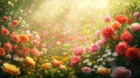 Discover a breathtaking garden bursting with vivid roses and vibrant flowers, illuminated by soft sunlight, creating a serene and enchanting atmosphere.の素材