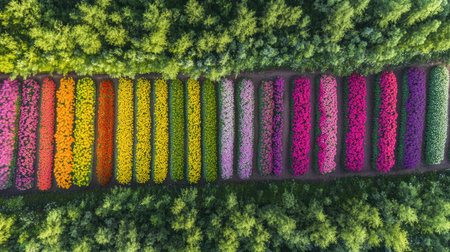 An aerial view of vibrant tulip fields in Holland, showcasing a stunning array of colors and blooms, perfect for celebrating the beauty of spring and nature.の素材