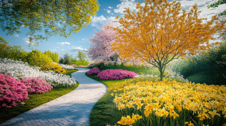 A vibrant spring park view featuring a winding path surrounded by colorful flowers. Bright yellow blooms stand out, creating a cheerful and inviting atmosphere.の素材