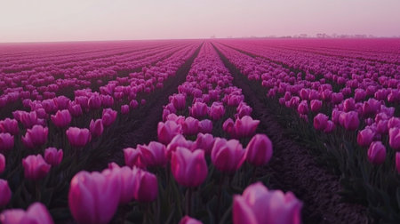 Experience the breathtaking beauty of vibrant tulip fields in the Netherlands, featuring a wide angle view that captures the essence of spring and nature's brilliance.の素材