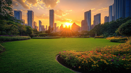 A beautiful urban garden at sunrise, featuring vibrant greenery and colorful flowers against a stunning city skyline, offering a serene escape.の素材