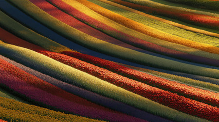 Experience the stunning beauty of tulip fields in Holland, showcasing vibrant colors and intricate patterns in this captivating landscape photography.の素材