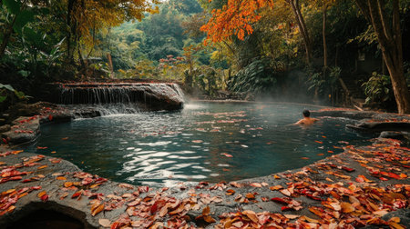 Experience a serene autumn scene at Huai Mae Khamin Waterfall, where vibrant foliage dances above a tranquil pool. Ideal for relaxation and exploration.の素材