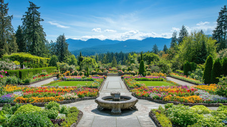 Experience a stunning wide-angle view of a beautifully designed garden, showcasing vibrant flowers, lush greenery, and peaceful surroundings under a bright sky.の素材