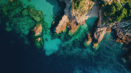 Aerial perspective of a rocky coastal area with vibrant sea water and scenic views, perfect for vacation advertisements or background designs.の素材