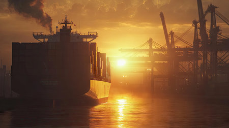 A container ship in an industrial port at dusk, with cargo operations continuing as the sun sets. Shows the transition from day to night in maritime logistics.の素材