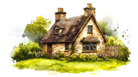 A picturesque British cottage with green lawn, hand-drawn in watercolor, isolated on white.の素材