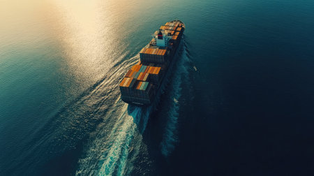 Aerial shot of a large cargo container ship cruising through the ocean. Shows the scale of sea freight and the logistics involved in transporting goods internationally.の素材