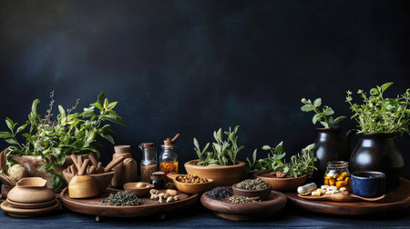 A display of folk herbs on wooden plates, complemented by traditional medicinal pots and cups. Dark navy blue backgroundの素材