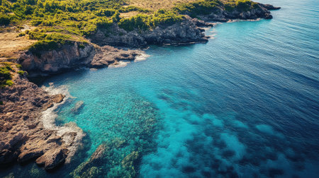 Aerial perspective of a rocky coastal area with vibrant sea water and scenic views, perfect for vacation advertisements or background designs.の素材