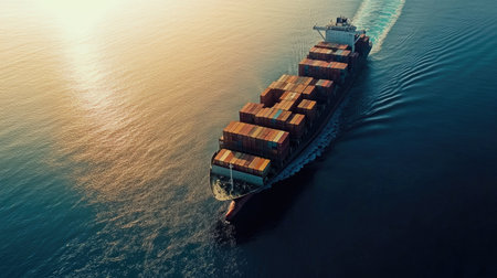 Aerial view of a large cargo container ship loaded with containers, traveling across the open ocean. Highlights sea freight logistics and industrial transportation. -の素材