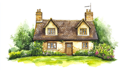 A picturesque British cottage with green lawn, hand-drawn in watercolor, isolated on white.の素材