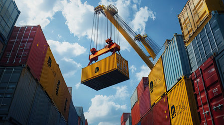 Cargo containers being lifted from a ship by a crane at the harbor, with an increasing graph in the background. Highlights export and logistics improvements. -の素材