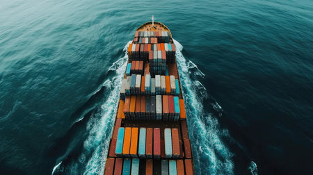 Bird-eye view of an expansive container cargo ship fully loaded with freight, traversing the open sea. Emphasizes the scope of sea freight and logistical operations.の素材