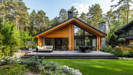 Beautiful modern wooden house with a loft-style exterior, a terrace, and a sauna, offering luxury and relaxation in a natural setting.の素材