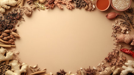 Circular arrangement of traditional Chinese herbs on a light brown background, with empty space in the middle for text. Perfect for health care marketing and product labeling.の素材