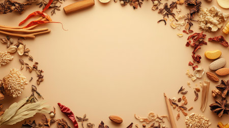 Circle of traditional Chinese medicines on a soft light brown background. Herbs that support health enhancement, with an open center perfect for adding captions or logos. -の素材