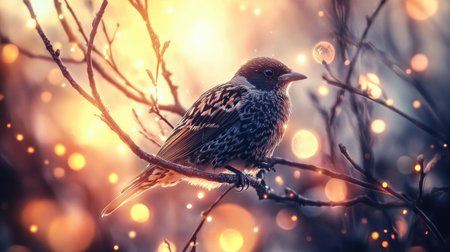 Close-up of a bird with detailed feather patterns, perched on a branch, with a background of softly glowing lights adding depth and a magical feel to the scene. --の素材