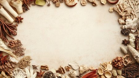 Circular arrangement of traditional Chinese herbs on a light brown background, with empty space in the middle for text. Perfect for health care marketing and product labeling.の素材