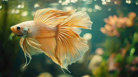 Close-up of a Betta fish with iridescent scales and long, flowing fins, captured in a peaceful aquarium setting with soft lighting that enhances its colors.の素材