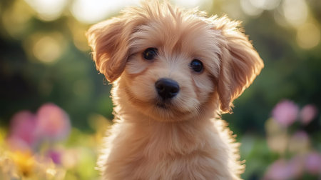 Close-up of a fluffy puppy with a tiny nose and bright eyes, sitting in a field of flowers, enhancing its cuteness and natural beauty.の素材