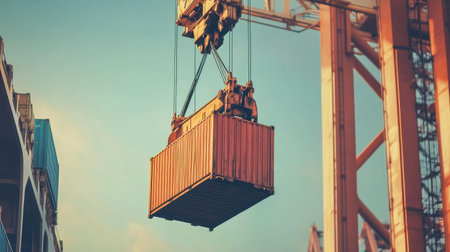 Close-up of a crane at a sea port lifting containers from a ship. Emphasizes the precision and scale of cargo handling in maritime logistics.の素材