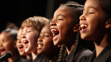 Close-up of a group of young singers harmonizing at a school concert, highlighting their enthusiasm and the clarity of their synchronized voices.の素材
