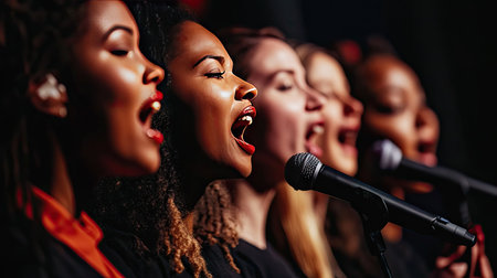 Close-up of a diverse group of singers harmonizing together on stage, with expressions of concentration and joy, highlighting the unity in their performanceの素材
