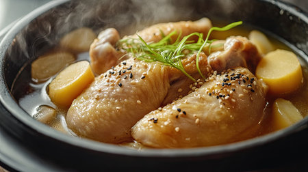Close-up shot of Korean Samgyetang, showcasing tender chicken and ginseng roots in a steaming, flavorful broth. A famous dish for health and energy in Korean cuisine.の素材