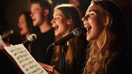 Close-up of a small group of singers in a recording studio, harmonizing together with microphones and sheet music, showcasing the collaborative effort.の素材