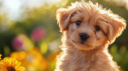 Close-up of a fluffy puppy with a tiny nose and bright eyes, sitting in a field of flowers, enhancing its cuteness and natural beauty.の素材