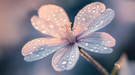 Close-up of a delicate flower with glistening water droplets on its petals, capturing the intricate details and fresh, dewy appearance.の素材