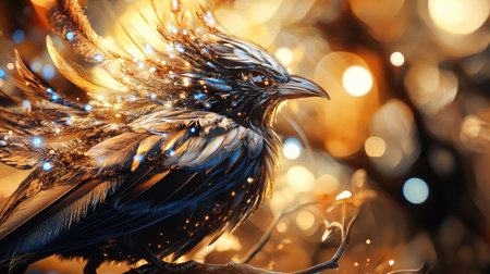 Close-up of a striking bird with elaborate feather details, perched on a branch, with a background of abstract lights creating a captivating and artistic ambiance.の素材
