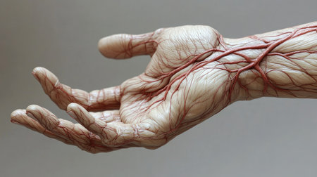 Close-up of a human hand with detailed skin textures and visible veins, set against a neutral background to highlight its anatomical features.の素材