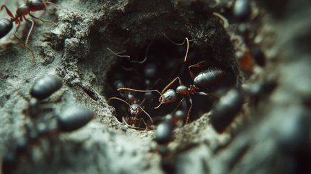 Close-up of an ant nest with several ants emerging, focusing on the entrance and the busy activity of the ants as they move in and out.の素材