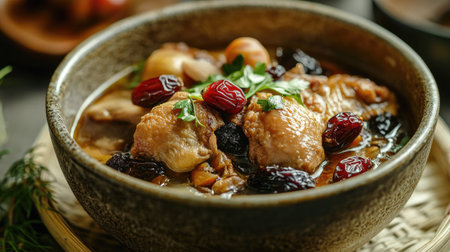 Close-up shot of Silkie chicken soup with black chicken, traditional Chinese herbs, and jujube dates in a rustic ceramic bowl. A comforting dish in Asian food culture.の素材