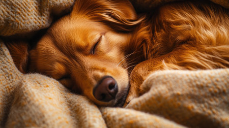 Close-up of a sleepy dog with a soft, furry coat, resting comfortably in a blanket, showcasing its peaceful and endearing nature.の素材