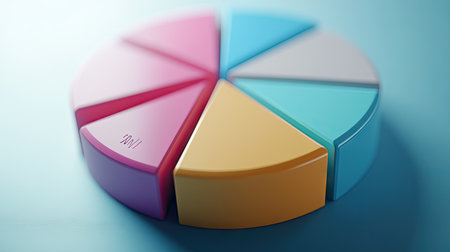 Close-up view of a 3D pie chart with segments highlighted in different shades, showing detailed labels and percentages for clear data representation.の素材