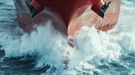 Close-up view of a cargo ship bow cutting through the waves, emphasizing the ship powerful engine and the frothy wake it leaves behind.の素材