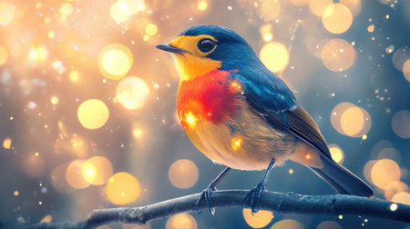 Close-up of an elegant bird with striking feathers, perched on a branch, with a dazzling background of abstract lights creating a vibrant and artistic effect.の素材