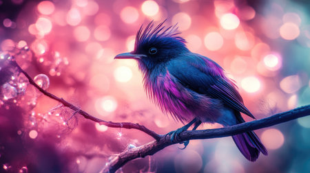 Close-up of an elegant bird with striking feathers, perched on a branch, with a dazzling background of abstract lights creating a vibrant and artistic effect.の素材
