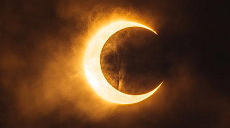 Close-up of a solar eclipse with the moon partially covering the sun, creating a crescent shape and casting a subtle glow around the edges.の素材