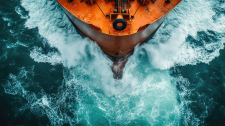 Close-up view of a cargo ship bow cutting through the waves, emphasizing the ship powerful engine and the frothy wake it leaves behind.の素材