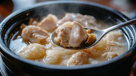Close-up view of a spoon scooping tender chicken and ginseng from a bowl of steaming Samgyetang. A comforting and nourishing dish enjoyed in Korean households.の素材