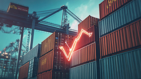 Crane at the dock loading cargo containers from a ship, with a rising bar chart and up arrow. Concept for increased freight transport and export efficiency.の素材