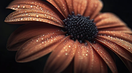 Detailed image of a flower with intricate water droplets on its petals, highlighting the textures and natural beauty of the flower in a serene settingの素材