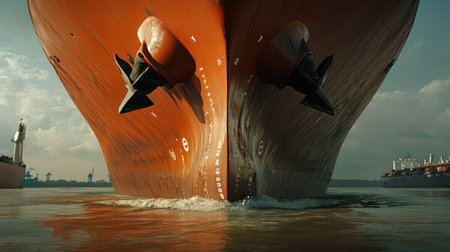 Detailed shot of a cargo ship stern with visible propellers and rudders, captured from a low angle as the ship moves through the water.の素材